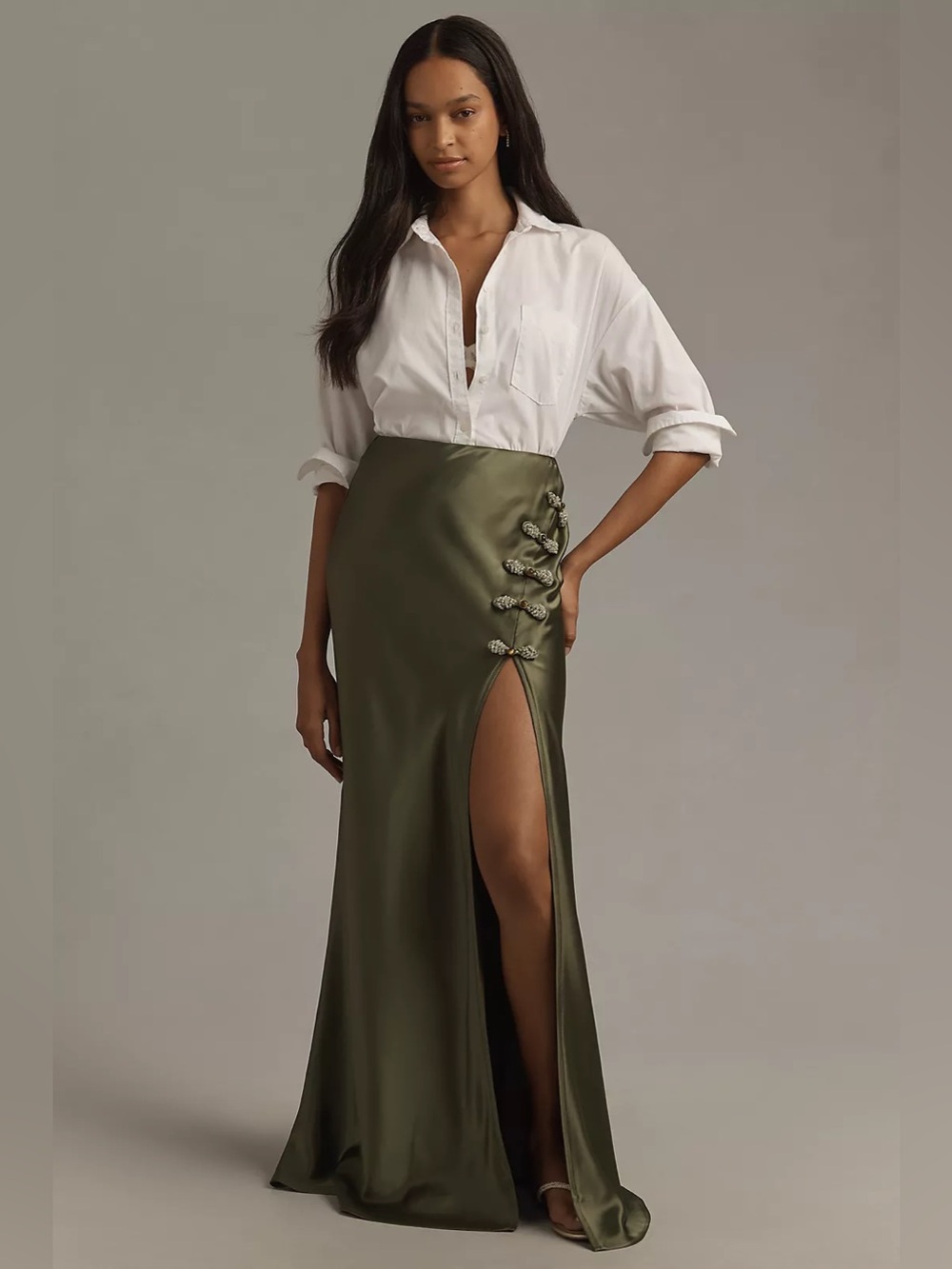 Olive Satin Maxi Skirt with Side Slit and Knot Buttons - Picture 2 of 4